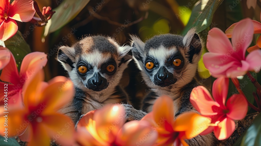 Naklejka premium Two lemurs sitting in a bush among flowers in a closeup wildlife event