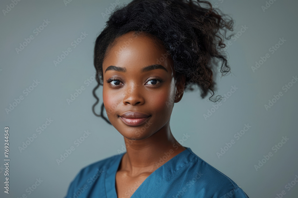 Una mujer negra de 32 años con cabello natural, que viste un uniforme ...