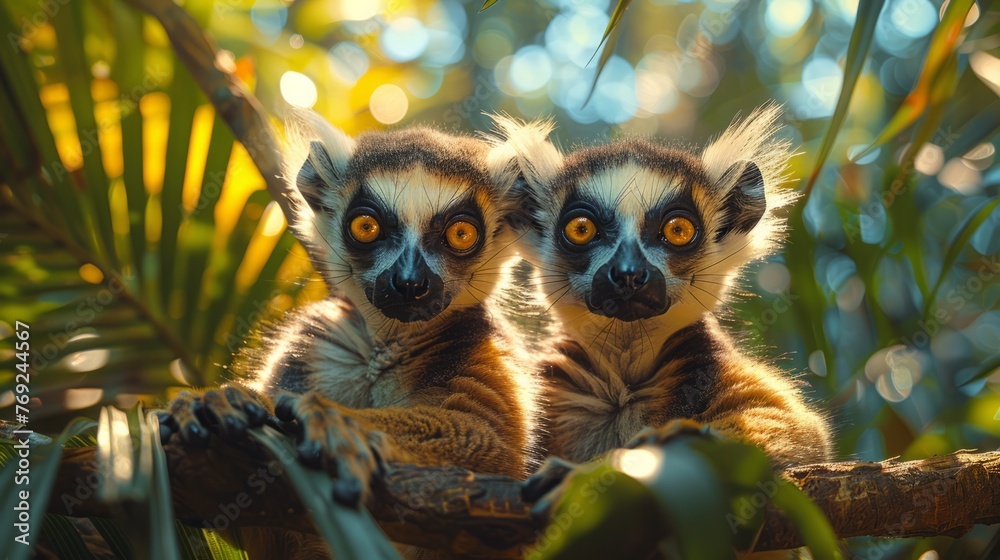 Naklejka premium Two lemurs perched closely on a jungle tree branch