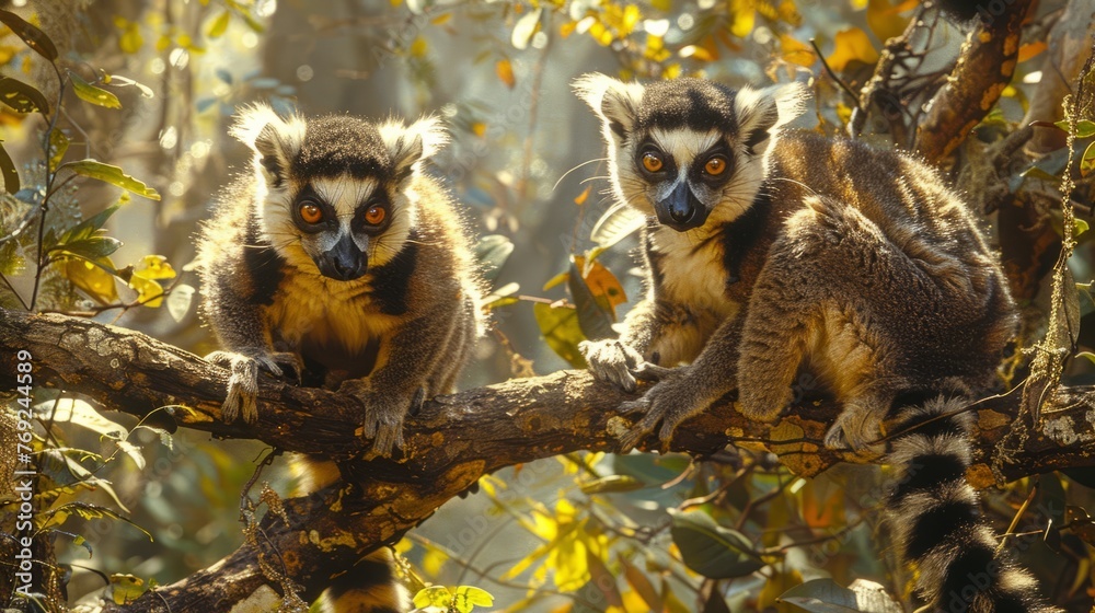 Naklejka premium Two lemurs perched on a tree branch in their natural forest environment