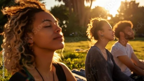 A group of friends sits outside on a patch of grass their eyes closed and faces turned towards the sun. They take turns leading each other through deep breathing exercises photo