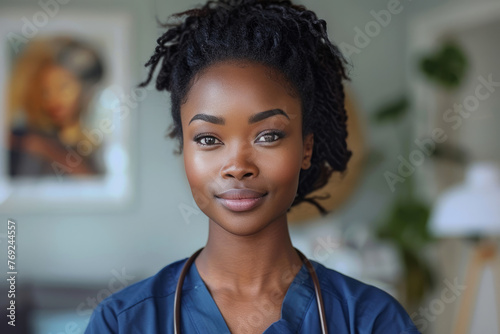 Una mujer negra de 32 años con cabello natural, que viste un uniforme de enfermera porque es enfermera registrada.