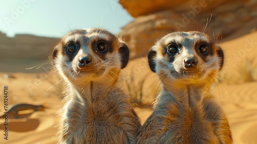 Two meerkats, terrestrial animals with fur, standing in desert landscape © yuchen