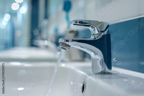 Modern tap with running water in a bright bathroom