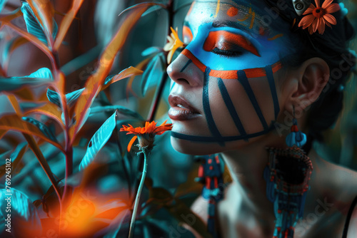 Una mujer latina con un maquillaje facial de azul mate y líneas brillantes de naranja, observa una flor, siguiendo el estilo de tonos oscuros blancos y naranjas, con simbolismo tropical