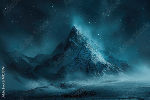 Una montaña en la noche con un rastro de estrellas, siguiendo el estilo de paisajes de fantasía exótica photo