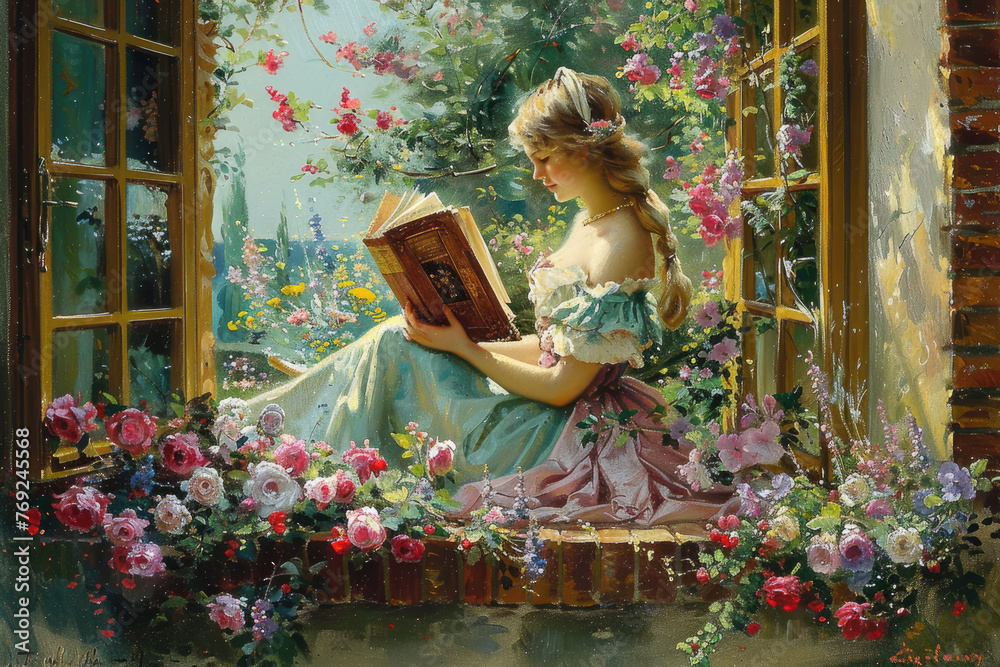 Una pintura vintage de una joven sentada en una ventana abierta leyendo un libro, con flores en el jardín trasero. La escena transmite una sensación romántica y hermosa. - obrazy, fototapety, plakaty 