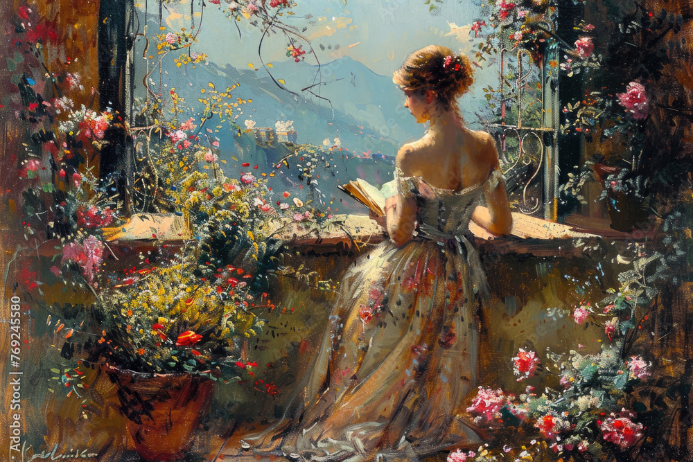 Una pintura vintage de una joven sentada en una ventana abierta leyendo un libro, con flores en el jardín trasero. La escena transmite una sensación romántica y hermosa. - obrazy, fototapety, plakaty 