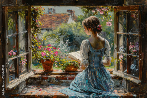 Una pintura vintage de una joven sentada en una ventana abierta leyendo un libro, con flores en el jardín trasero. La escena transmite una sensación romántica y hermosa.