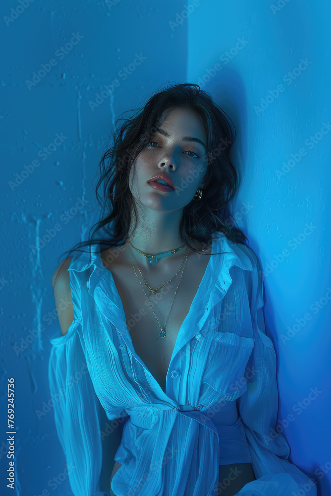 Una mujer posa con una camisa azul, en un estilo de bordes suaves y efectos atmosféricos, inspirado en el arte románico 