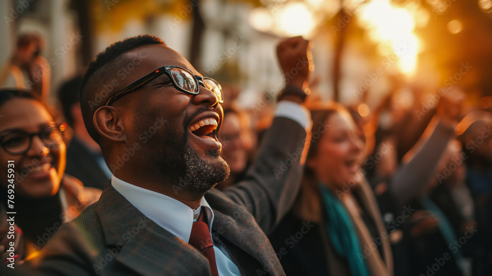 Man celebrating at a political rally with diverse crowd and sunset in the background. - obrazy, fototapety, plakaty 
