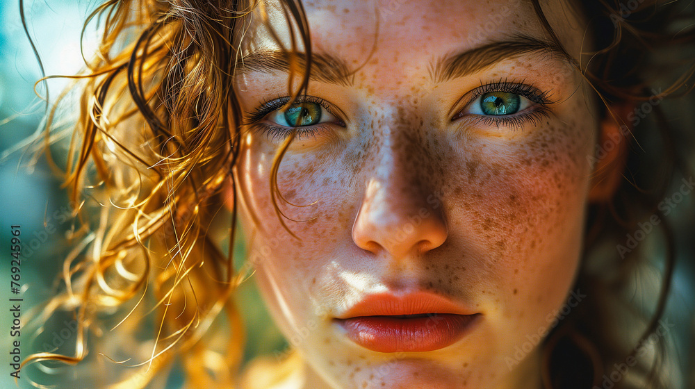 Close-up of a young woman with freckles and intense blue eyes. Macro beauty portrait with a focus on eyes.