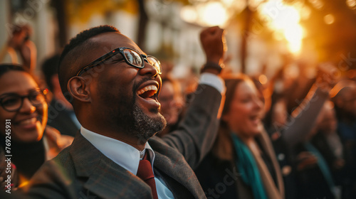 Man celebrating at a political rally with diverse crowd and sunset in the background.