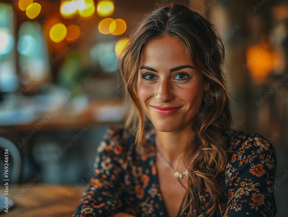 Smiling woman in a floral dress enjoying a moment in a cafe, with a bokeh light background. Casual elegance and lifestyle concept.