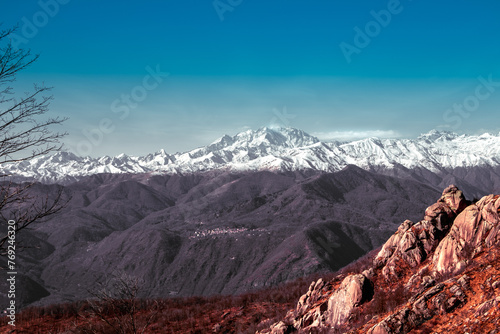 Suggestive view of Monte Rosa massif (the second highest mountain in the Alps) from Mottarone mountain. Piedmont - Italy.