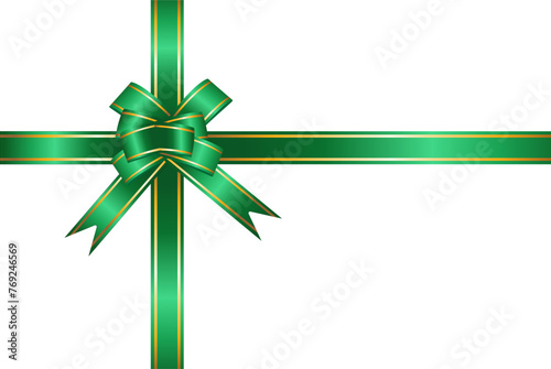 Green ribbon bow has gold trim illustration