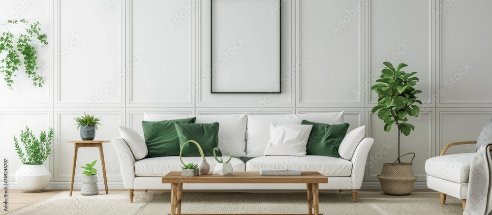 Colonial vintage style living room with white and green color scheme. Fabric sofa, wooden panel, carpet, table, decors, and frame mockup in contemporary interior design. - obrazy, fototapety, plakaty 