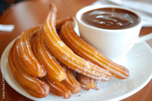 Fotografía de churros tradicionales de España con chocolate , en una churrería tradicional photo