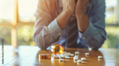 close up medicine pill on the table with a man holding his head on the table behind shows depression