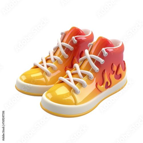 A 3D icon of sleek, unbranded sneakers with a glossy fire pattern finish