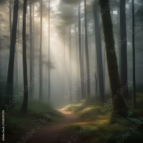 A misty forest with tall trees and a soft  ethereal light filtering through the branches1