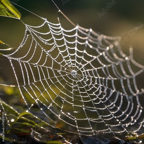 A close-up of a dew-covered spider web, with intricate patterns and sparkling droplets2