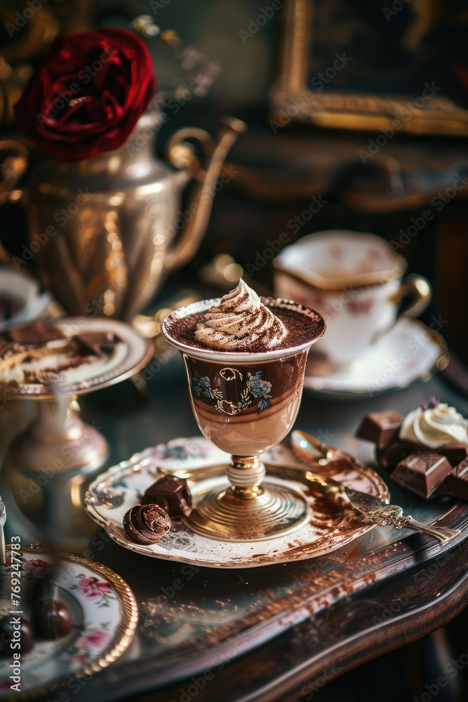 Fotografía cinemática de chocolate con nata en una mansión victoriana