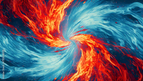 crashing blue and red flame tornado background; abstract, art, motion, action concept
