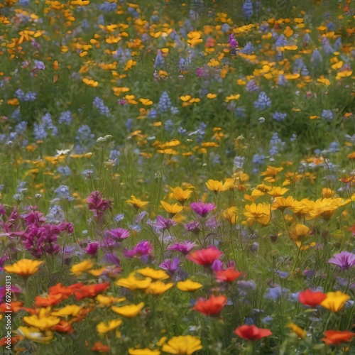 A field of colorful wildflowers, swaying gently in the breeze under a sunny sky1 photo