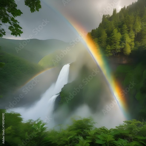 A stunning view of a rainbow arcing over a waterfall in a lush green forest1