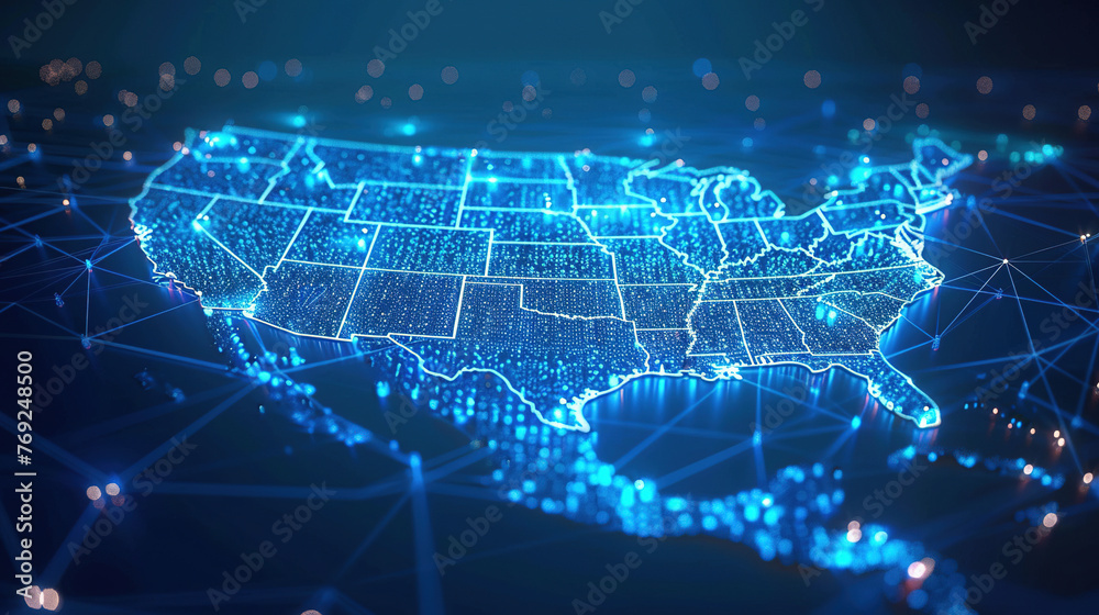Digital map of USA, concept of North America global network and connectivity, data transfer and cyber technology, information exchange and telecommunication. Digital map for business. Digital map of USA, concept of North America global network and connectivity, data transfer and cyber technology, information exchange and telecommunication. Digital map for business.