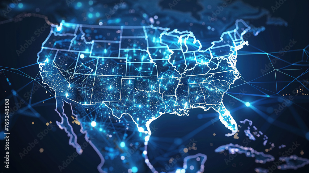 Digital map of USA, concept of North America global network and connectivity, data transfer and cyber technology, information exchange and telecommunication. Digital map for business. Digital map of USA, concept of North America global network and connectivity, data transfer and cyber technology, information exchange and telecommunication. Digital map for business.