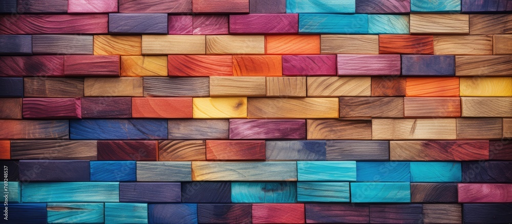 A close up of a vibrant wooden brick wall displaying colorfulness with shades of violet, magenta, and electric blue. The symmetrical pattern adds to the artistic appeal of the building material