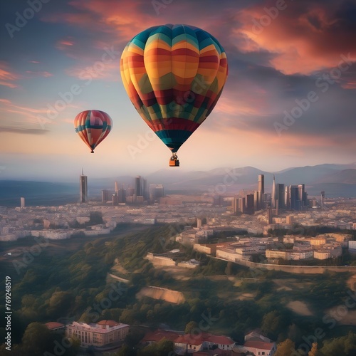 A colorful hot air balloon floating peacefully in the sky, with a view of the city below2