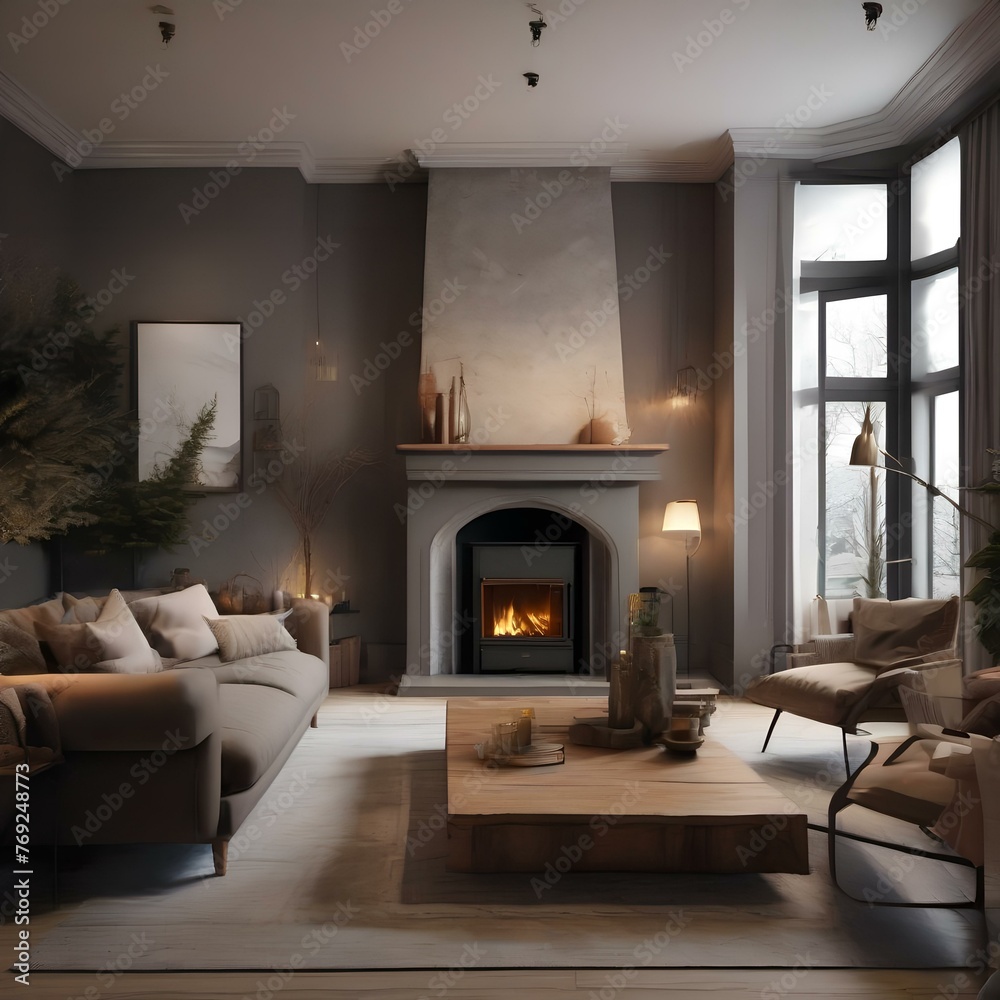 Fototapeta premium A cozy living room with a crackling fireplace and comfortable armchairs1