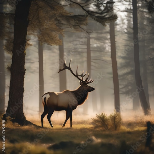 A majestic elk standing in a clearing, with a forest in the background1 photo