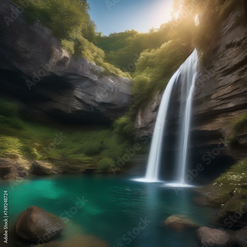 A picturesque waterfall cascading down a rocky cliff into a crystal-clear pool below1