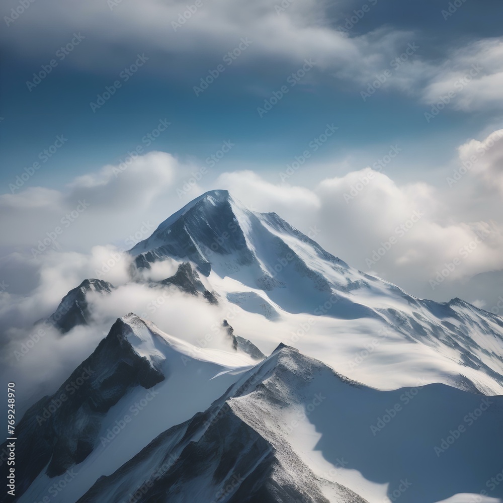 A snow-covered mountain peak, with a clear blue sky and a few fluffy clouds2
