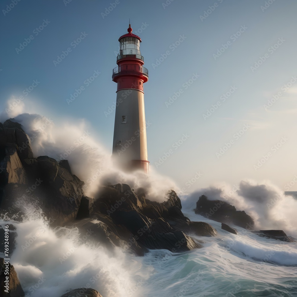 A picturesque lighthouse standing tall against a clear blue sky, with waves crashing against the rocks below1