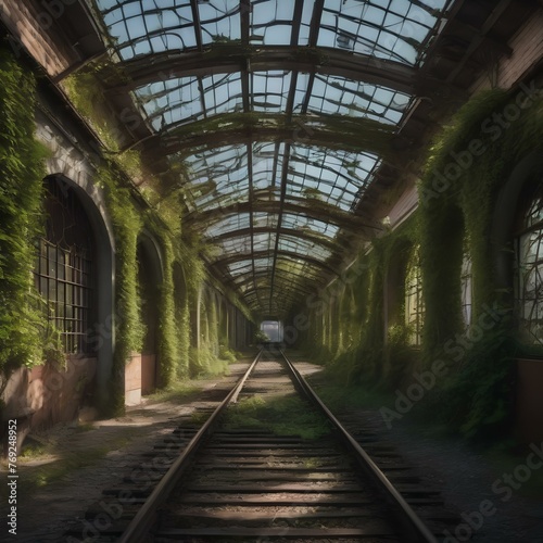 An abandoned, overgrown train station with vines creeping up the walls and tracks1