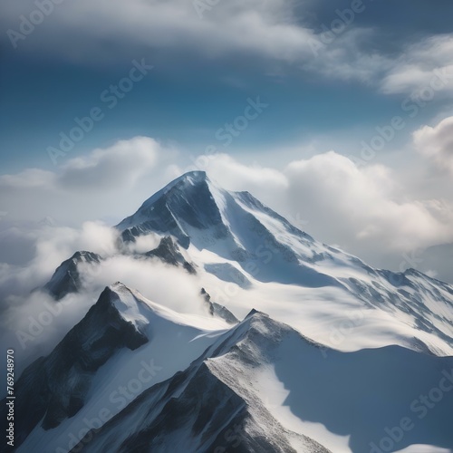 A snow-covered mountain peak, with a clear blue sky and a few fluffy clouds2 © Ai.Art.Creations
