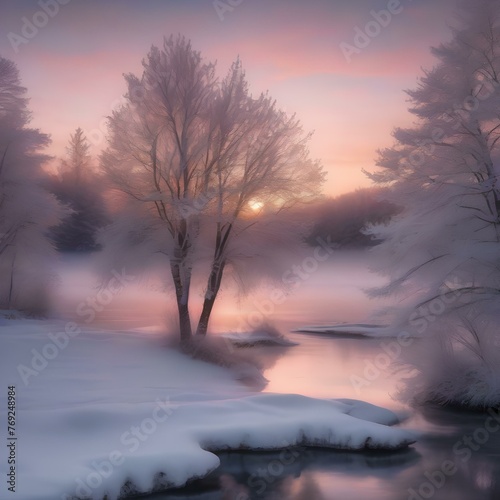 A serene winter scene with snow-covered trees, a frozen lake, and a soft pink sunset in the background2