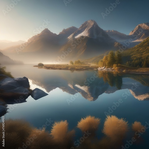 A tranquil lake surrounded by mountains, with a mirror-like reflection of the scenery in the water2 photo