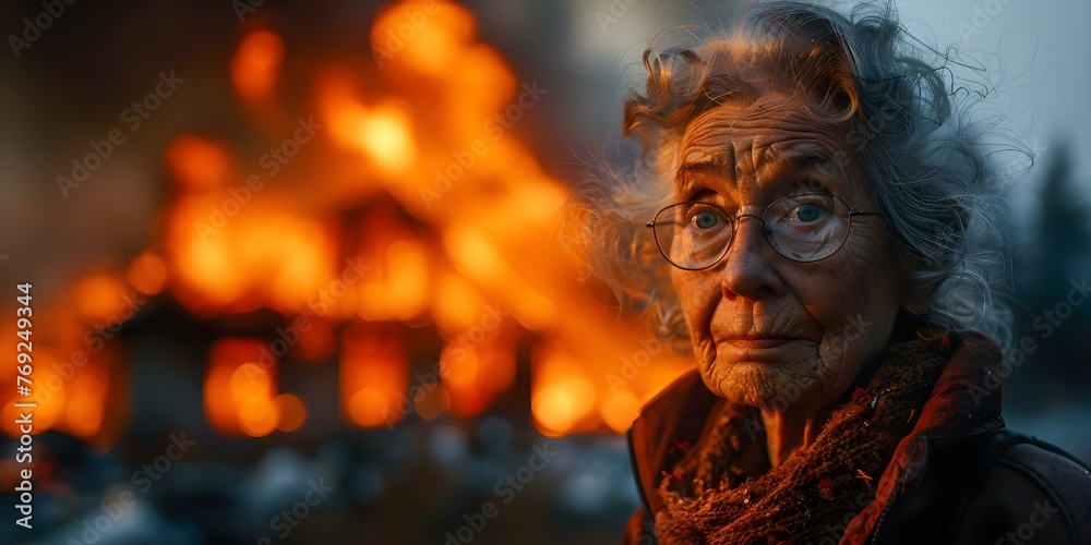 Elderly woman in distress watching her property burn in a fire highlighting the importance of property insurance. Concept Elderly, Distress, Property Insurance, Fire, Importance,
