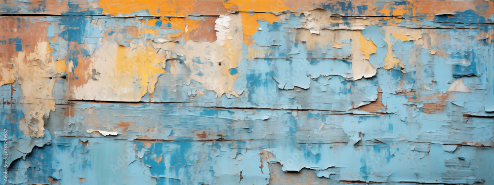 Obraz premium Aged Wooden Texture with Faded Blue Paint and Orange Accents