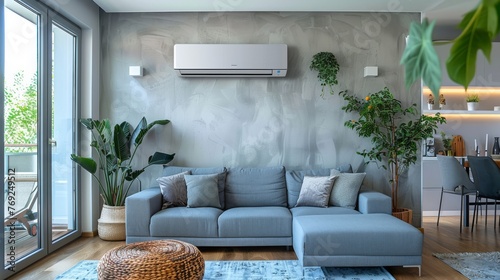 modern living room with ac splitter on the wall