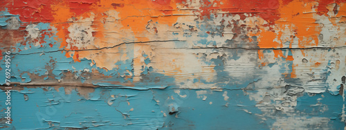Orange and Blue Peeling Paint on Textured Wooden Boards
