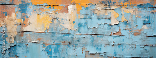 Aged Wooden Texture with Faded Blue Paint and Orange Accents