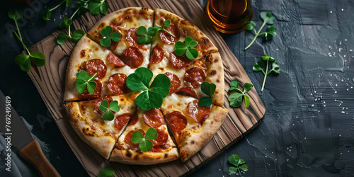 A pizza with pepperoni and basil on a black background