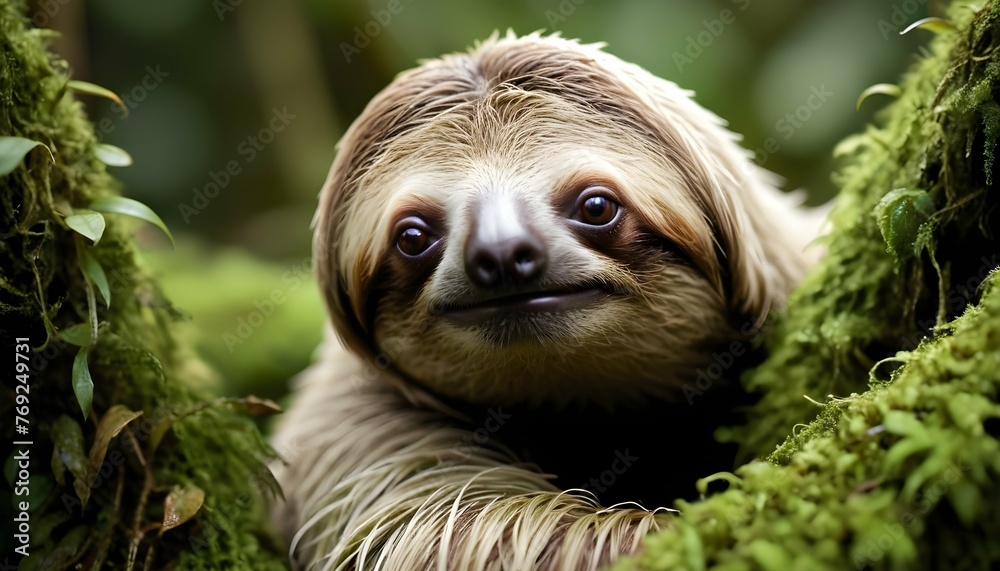 Fototapeta premium A Sloth With Its Fur Covered In Moss Blending In